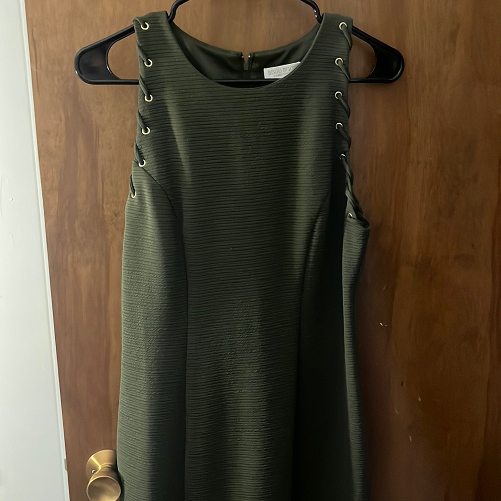 Olive green, fitted, knee length dress